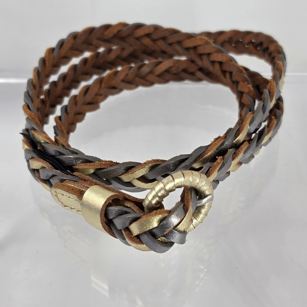 Braided Leather Belt Women's Large Multicolor Genuine Leather Round Gold Buckle